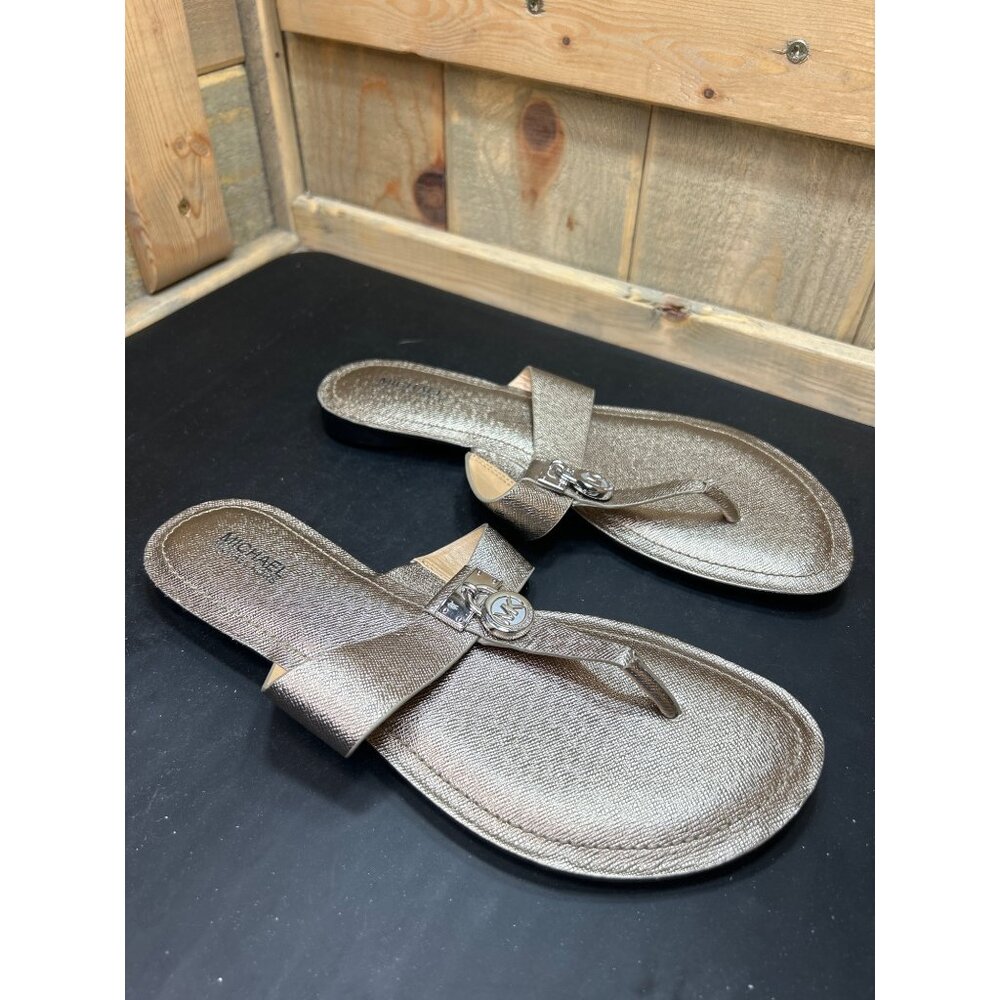 Michael Kors Metallic Gold Leather Upper Thong Sandals With MK Logo Charm Size 8
